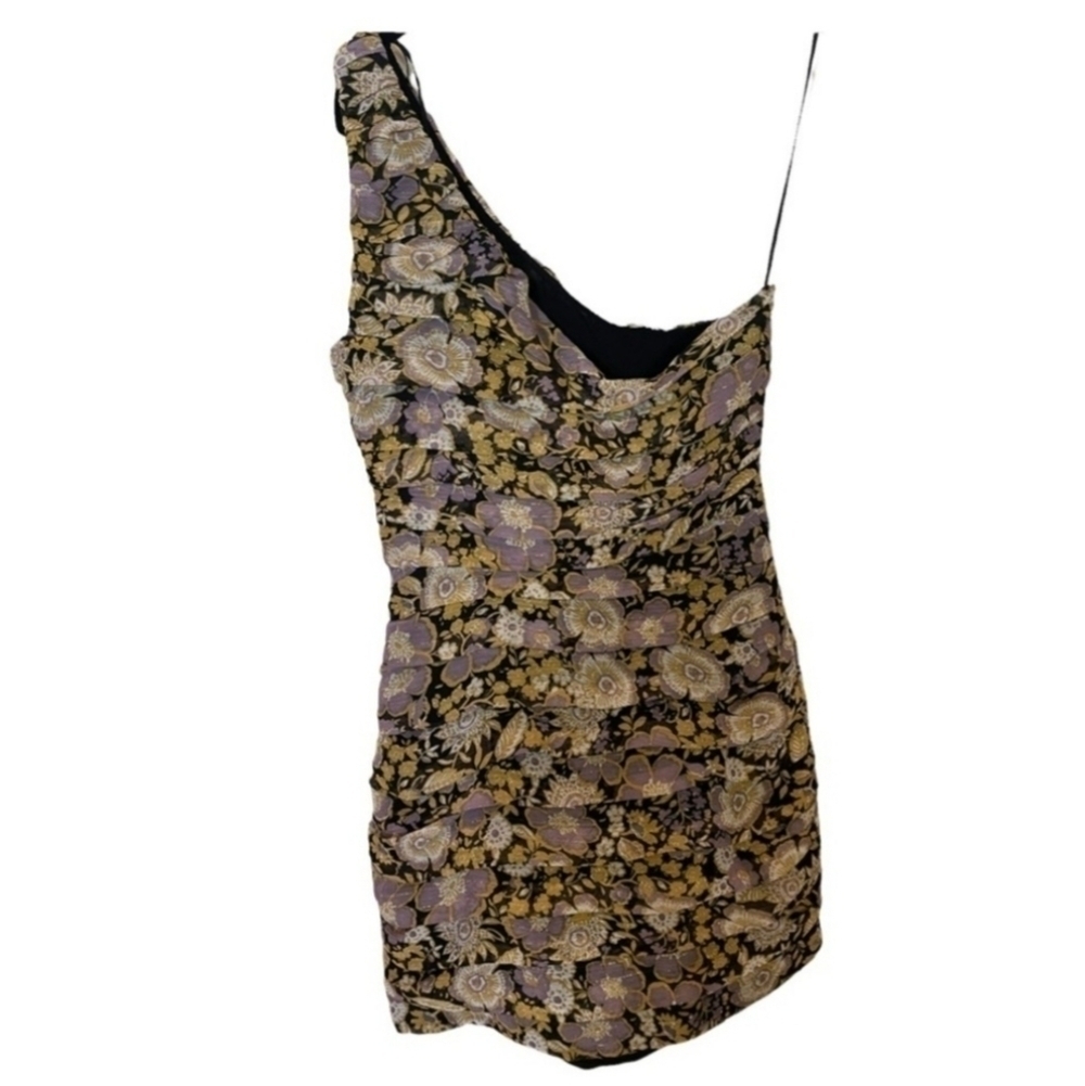 ZARA Ruched Floral One Shoulder Bodycon Mini Dress Womens Small Blogger Favorite - Picture 6 of 10